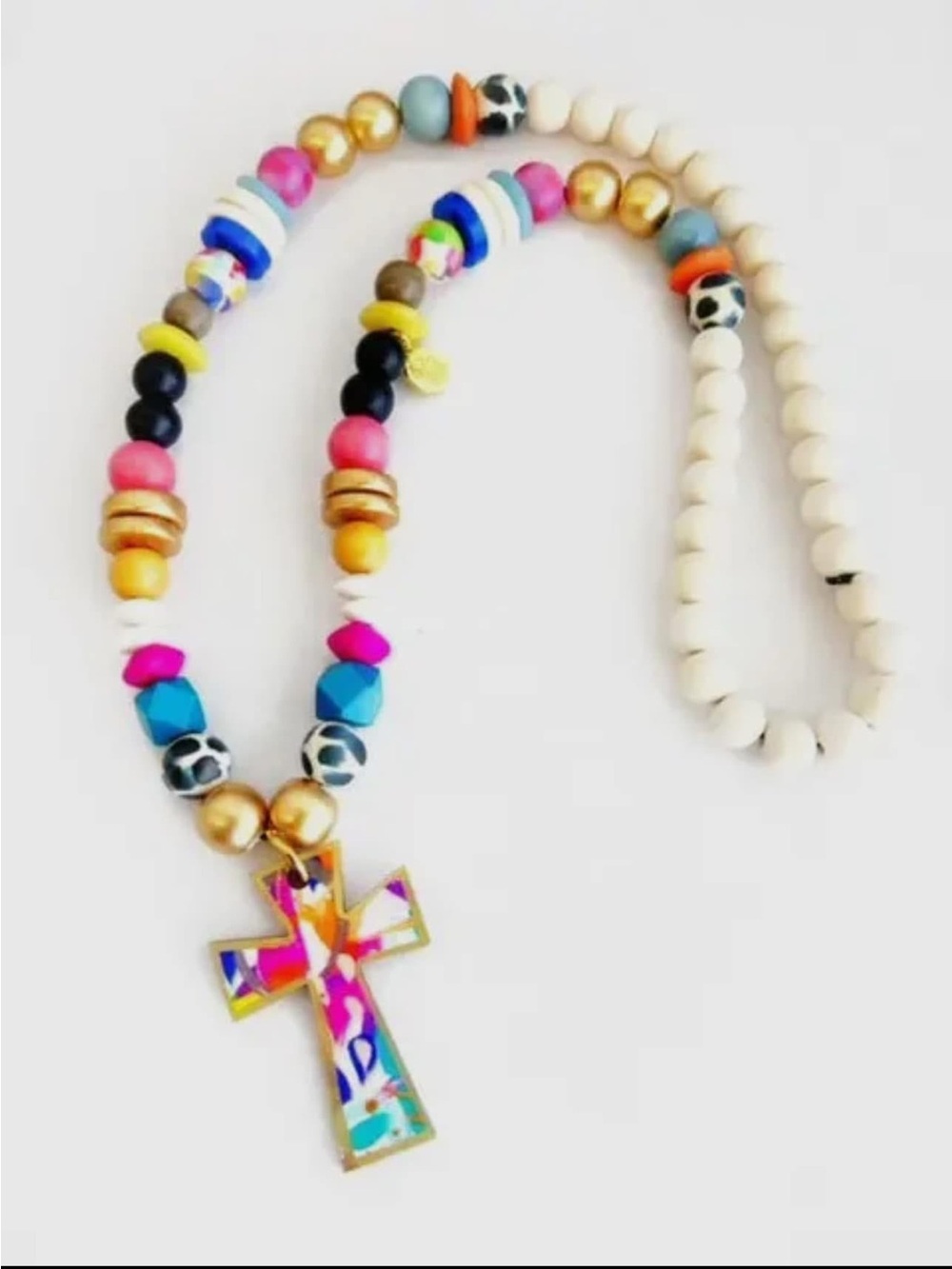 Audra Style Multicolor Beaded Cross Necklace - Bright Pink & Gold